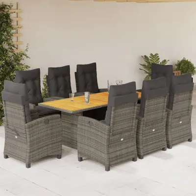 Produktbild von Eleganten-Stil 9-tlg. Garten-Sitzgruppe Essgruppe mit Kissen Grau Poly Rattan Balkon-Set - Gartenmöbel-Set CHY4873406