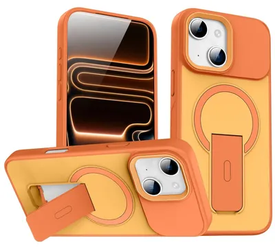 Produktbild von Magnet Ständer Hülle für iPhone 14, Kompatibel mit MagSafe, Matt Rückseite Stoßfeste Handyhülle Orange