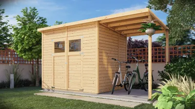 A wooden garden shed with an attached covered area for bicycles, set in a garden.