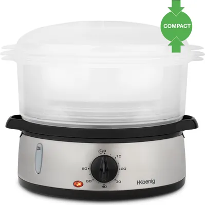 Productafbeelding van H.Koenig Elektrische stoomoven VAP10, multifunctioneel, programmeerbaar, compact, professioneel, met 3 uitneembare, stapelbare manden voor eieren/groenten/rijst, 60 minuten timer, zilver, 8 liter