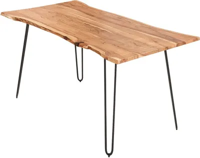 Produktbild von Esszimmertisch 140x80cm Hannah, echte Baumkante, Akazienholz naturfarben, massiver Baumkantentisch mit Hairpin-Gestell Mattschwarz