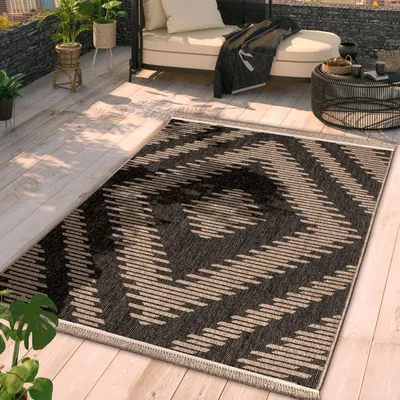 Produktbild von TT Home In-& Outdoor Teppich Wohnzimmer Wetterfest Balkon Boho Blattmotiv 3D Fransen Größe 200x280 cm