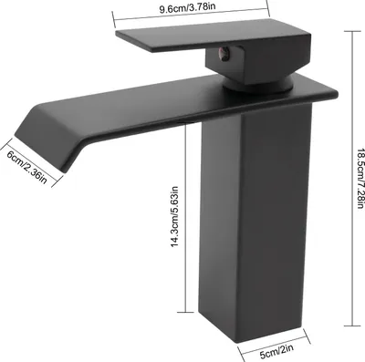 A black waterfall faucet with dimensions indicated by measurement lines and text.