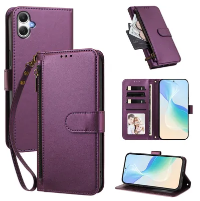 Image de Étui portefeuille pour Samsung Galaxy A05, en cuir PU, avec compartiments pour cartes, support et dragonne, couleur violet