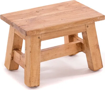 A small wooden stool on a white background.
