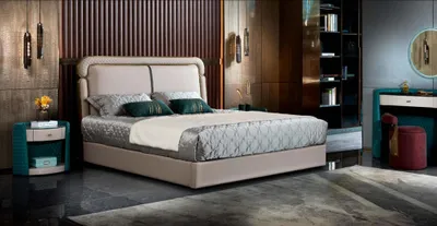 Produktbild von Bett Schlafzimmer Beige Doppelbett Lederbett Modern Design Möbel Holz Luxus Neu
