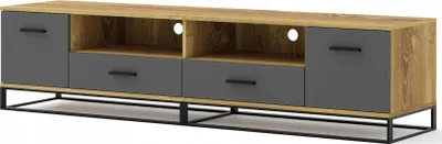 Immagine prodotto di Mobile TV ARSEN 190 cm, legno di quercia bruciata, finitura grafite, struttura in metallo nero. Mobile basso, contenitore TV, tavolino TV, mobile contenitore, mobile TV, mobile Hi-Fi