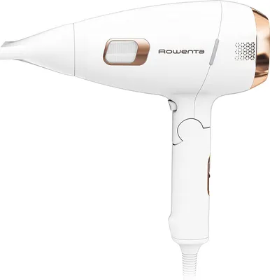 A white Rowenta hairdryer with copper accents is shown against a white background.