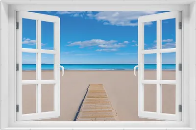 Produktbild von Wallario Wandbild mit Fenster-Illusion: Auf dem Holzweg zum blauen Meer, Größe: 61 x 91,5 cm, Poster mit rahmenlosen Bildhalter
