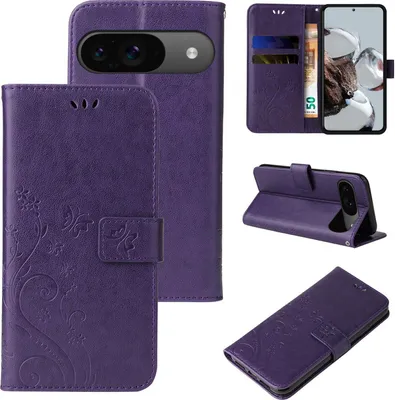 Produktbild von Handyhülle für Google Pixel 9 / 9 Pro Floral Blumen Schmetterling Flip Cover Hülle Case Klapphülle Handytasche Farbe: Violett