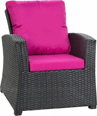 A single outdoor chair with pink cushions.