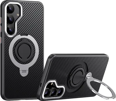 Produktbild von Für Samsung Galaxy S25 MagSafe Carbon Design TPU 360 Ring Schutz Hülle Silber