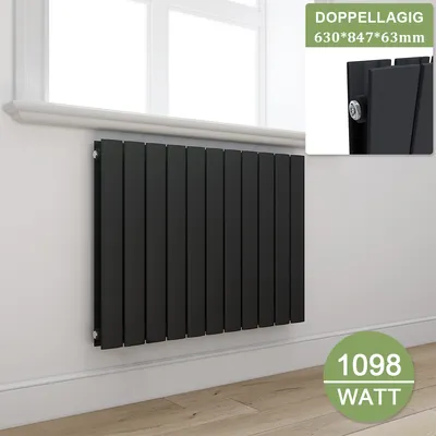 Obrázek produktu pro Elegantní designový panelový radiátor, horizontální připojení na boku, rozměry 630x847 mm, barva antracit, dvouvrstvý, plochý radiátor bez topného tělesa
