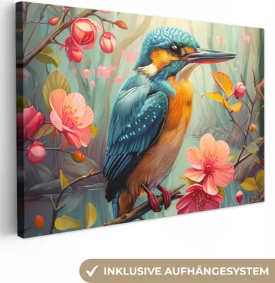 Produktbild von MuchoWow® - Leinwandbilder - Eisvogel - Blüte - Natur - Vögel - Blumen, Wandbild, Wanddeko Bilder Wohnzimmer, 90x60 cm