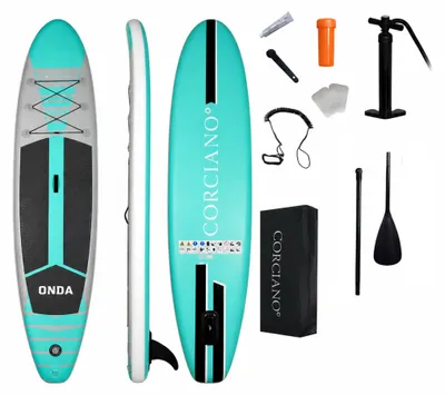 Produktbild von Corciano Stand Up Paddle Board aufblasbar Onda 320x76cm Komplettset mit Paddel Rucksack Leash Tuerkis 150kg