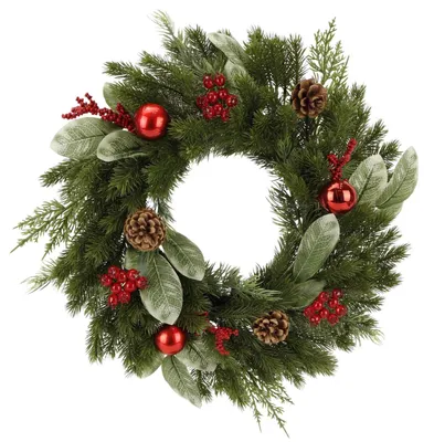 Produktbild von Türkranz Weihnachten 45 cm mit Tannenzapfen und Weihnachtskugeln, künstlich, grün und rot