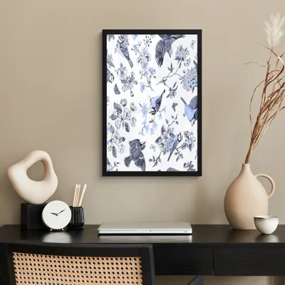 Produktbild von MuchoWow® MuchoWow® Gerahmtes Poster Blumen - Vogel - Blau 40x60 cm - Poster mit zchwarzem Bilderrahmen - Papierdruck - Wandbilder