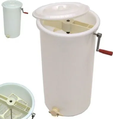 A white honey extractor with a crank handle and a partially open lid, shown with a smaller inset image of the same product.
