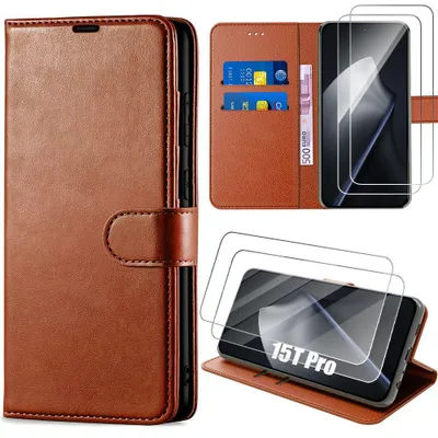 Image de Coque + 2 Verres Trempés pour Xiaomi 15T Pro, Protection Anti-Rayures Cuir Synthétique - Marron