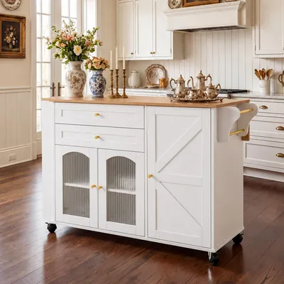 Immagine prodotto di Isola da cucina MODFU con piano di lavoro pieghevole, carrello da cucina con ampio spazio di stoccaggio, carrello di servizio su ruote a 360° con freno di stazionamento, bianco e naturale