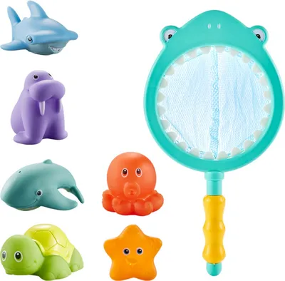 Produktbild von 7 Stück Baby Badespielzeug mit Fischernetz Set, Wasserspielzeug baby 1 jahr, Badewanne Spielzeug Kinder, Badewannenspielzeug