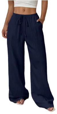 Image de Pantalon large pour femme ASKSA, pantalon d'été léger, uni, pantalon de loisirs élégant en mousseline, pantalon de plage avec poches (bleu foncé, taille S)