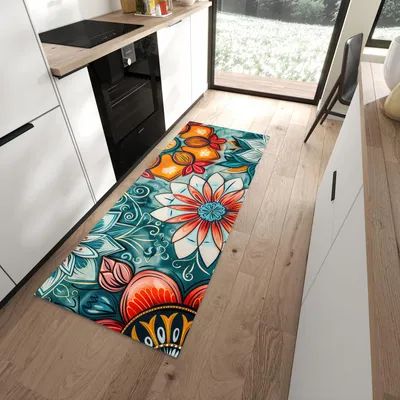 Produktbild von Küchenteppich 80x200cm rutschfest & abwischbar PVC Läufer - Blumenmuster Mandala