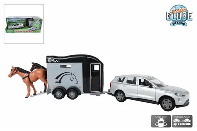 Zdjęcie produktu dla Globus dla dzieci Volvo EX90 metalowy z przyczepą do przewozu koni 28 cm rewers w pudełku