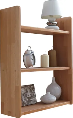 A wooden shelf with decorative items on it.