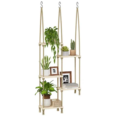 Produktbild von Bamworld Holz Hängepflanzenregal Fenster Boho Deko Innen Wand Pflanzensockel Wohnzimmer Garten