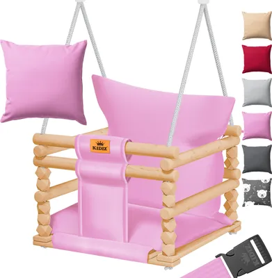 Produktbild von KIDIZ® Babyschaukel Kinderschaukel Schaukelsitz mit Polsterung | Holz-Schaukel mit Anti-Kipp bis 60KG | Höhenverstellbar Indoor & Outdoor | 0,5-3 Jahre | Montagezubehör & Sicherheitsgurt Rosa