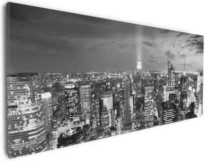 Produktbild von Wallario Premium Leinwandbild New York bei Nacht - Panoramablick über die Stadt - schwarzweiß in Größe 30 x 75 cm