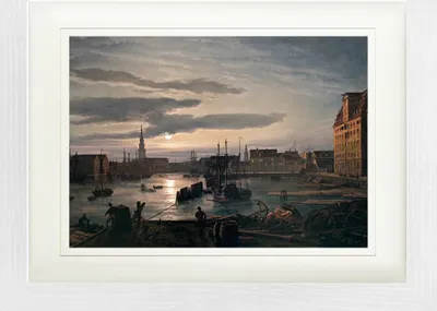 Obrázek produktu pro Johan Christian Dahl Zarámovaný obraz s jemným paspartováním | Wall Art | V rámu - Kodaňský přístav za svitu měsíce, 1846 (30 x 40 cm)