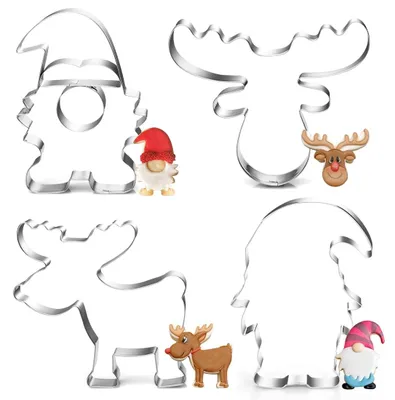 Produktbild von Weihnachtsplätzchenausstecher-Set, Set mit Weihnachtselfen- und Weihnachtsmann-Ausstechern, Elch-Ausstecher aus Edelstahl, 4-teiliges Set mit Elchköpfen, Plätzchenausstecher als Geschenk zum Backen von Fondanttorten