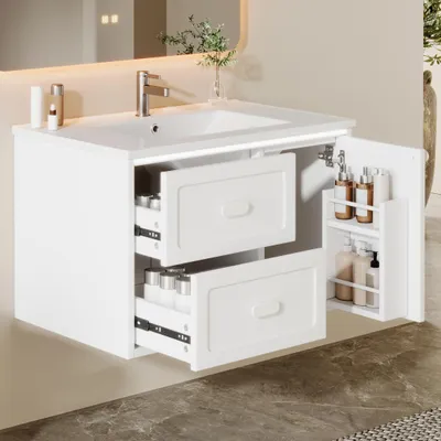 Produktbild von 76x46x51cm Badezimmer-Hängeschrank, komplett lackiert, LED-Radarsensor-Beleuchtung, zwei Schubladen, leise Gleitschienen, integriertes Waschbecken