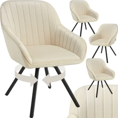 A collage of cream-colored velvet chairs with black legs, showcasing a swivel feature.