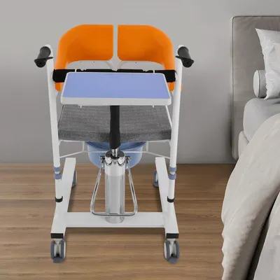 Image de Lève-personne - Fauteuil de transfert avec roulettes - Réglage hydraulique de la hauteur - Dossier pliable à 180° - Capacité de charge 100 kg - Seau de toilette 33×28×16 cm - Gris