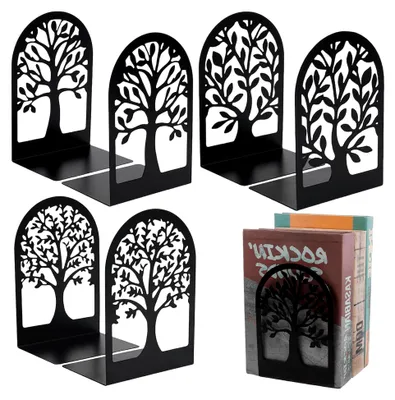 Produktbild von 6 Stück Metall Buchstützen, schwarze Bücherhalter mit Hohlmuster-Design und rutschfesten Stoppern für Schule, Zuhause und Büro 175x120x85mm