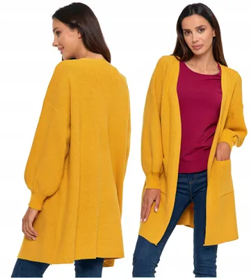 Produktbild von Damen Strickjacke - langer Cardigan Größe S/M - bequeme Strickjacke gelb - offene Vorderseite