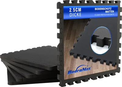 Obrázok produktu pre BodenMax ochranné rohože s okrajmi 58x58cm na podlahu Fitness podložky Fitness rohože na ochranu podlahy - šport, fitness, pivnica, 25mm, čierna, 6 kusov