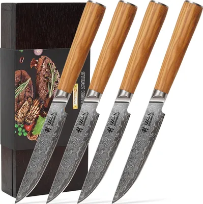 Produktbild von Wakoli Oribu 4er Damast Steakmesser Set I 12,50cm Klinge I Olivenholzgriffe