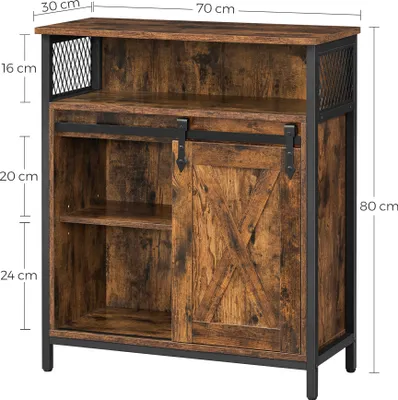 A product shot of a wooden sideboard with black metal framing and sliding barn doors, with dimensions indicated by measurement lines and text.