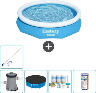 Produktbild von Bestway runder aufblasbarer Fast-Set-Schwimmpool – 305 x 66 cm – Blau – inklusive Pumpe Abdeckung - Wartungspaket - Filter - Reinigungskit