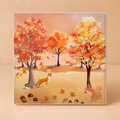 Produktbild von Stimmungsvolle Herbst-Fliese – Dekorative Keramik mit Waldtieren und Bäumen für Naturliebhaber - 15 x 15 cm