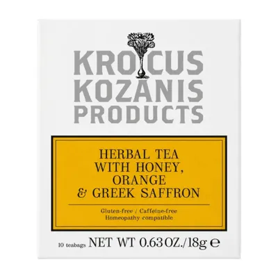 Krocus Kozanis Bio Kräutertee Honig Orange Safran 18 g Packung auf Weiß