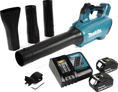 A collection of Makita cordless leaf blower accessories, including the blower itself, batteries, a charger, and various nozzle attachments, arranged on a white background.