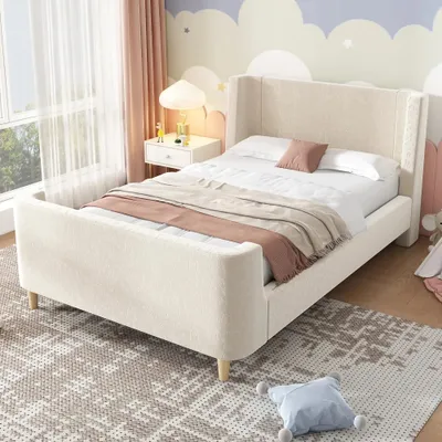 Image de Lit pour enfant rembourré, style traîneau - Lit simple 90 x 200 cm - Beige - Revêtement en velours - Espace de rangement - Structure en bois - Sans matelas