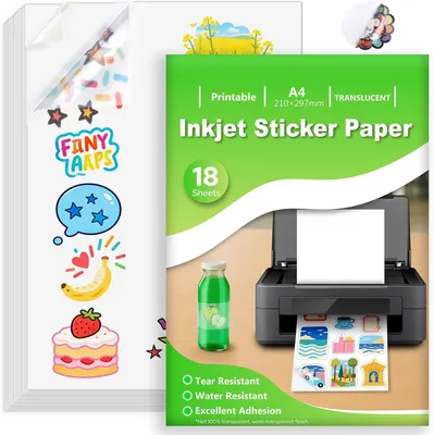 Imagen del producto de Papel adhesivo transparente, resistente al agua, de 18 hojas tamaño A4, para impresoras de inyección de tinta