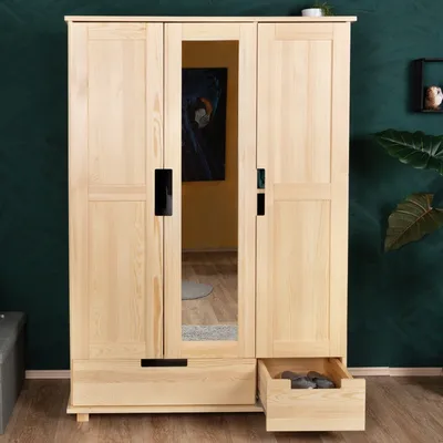 Produktbild von Kleiderschrank | 3 Drehtüren | 2 Schubladen | 4 Fächer | mit Kleiderstange | 133 cm breit | Massivholz | Farbe: Natur