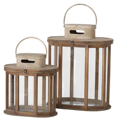 Produktbild von LAURIE Laternen 2er-Set aus Holz und Eisen, Rechteckiges Design, Höhe 38-56 cm